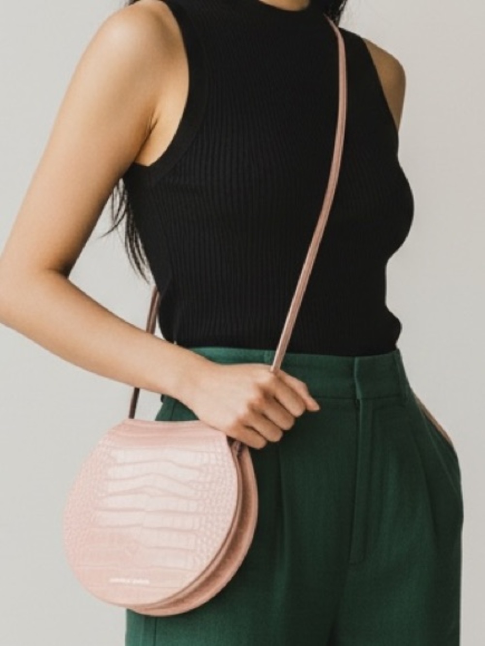 Charles & Keith Pink Croc-Embossed Round Crossbody NEW
